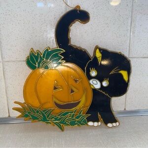 Vintage Halloween Plastic Suncatcher Black Cat - Pumpkin‎ Time